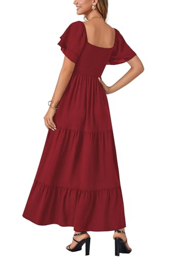 Image of LYANER Women's Square Neck Midi Dress | Summer Ruffle Short Sleeve Smocked Tiered Ruched Flowy A Line Party Casual Dresses