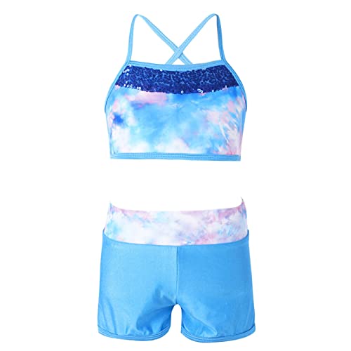 Image of Agoky Kids Girls 2PCS Sports Outfits Ballet Gym Sequins Mermaid Tank Top Shorts Set Tankini Swimwear Gymnastics Tracksuit