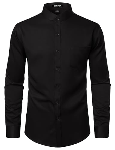 JEMITOP Mens Stretch Wrinkle-Free Slim Fit Mandarin Collar Button Down Up Shirts Long Sleeve Collarless Dress Shirt with Pocket for Formal Wedding Prom Church Black L