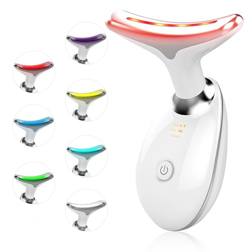 Facial Beauty Device, Face Massager Tool for Skin Care, Based on Triple Action LED, Thermal, and Vibration, Red and Blue LED Light, 7 Color Led Face and Neck Massager for Home Use (Glossy White)