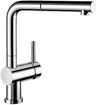BLANCO LINUS-S-F | Küchenarmatur in chrom | Mit herausziehbarem Schlauch | [11x26,6x28,4 cm] | Vorfensterarmatur zur Montage vor einem Fenster | Gesicherte Wasserqualität & wassers