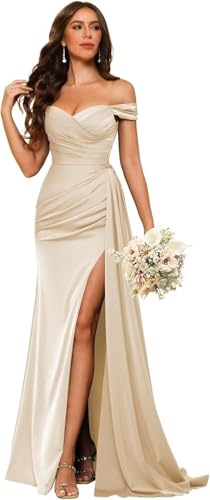 IKMNN Off The Shoulder Long Bridesmaid Dresses for Women Tight Pleated Satin Formal Dress with Slit IK011