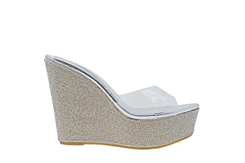 Image of BAMBOO Women's Clear Band Platform Wedge Slide ClearSilver34 Size 9