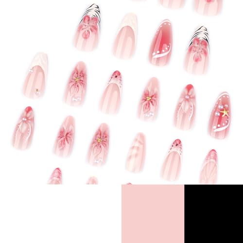 Image of Flower Press on Nails Pink Fake Nails French Tip Nail Press ons with Pearl Design Glossy Full Cover Medium Almond Floral Glue on Nail for Women Girls Manicure 24Pcs
