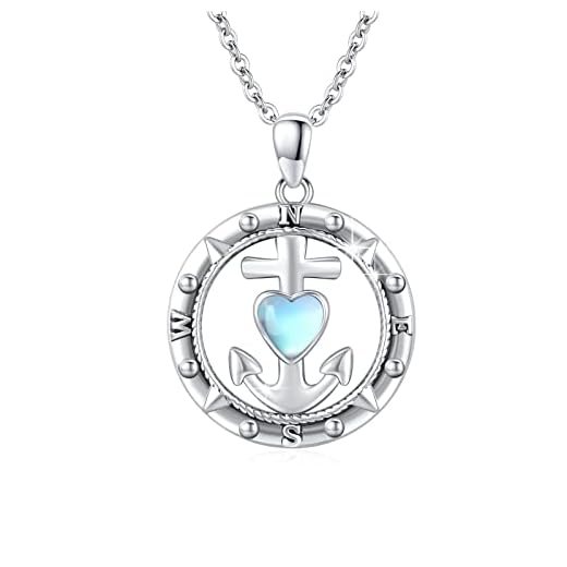 CRWENG Kompass Anhänger 925 Sterling Silber Mit Mondstein，Herzförmiger Anker Anhänger，Nautischer Schmuck Halskette Für Frauen，Geschenk Zum Valentinstag Jahrestag Geburtstag Weihnachten