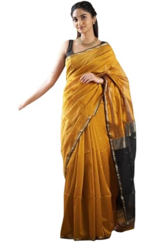 Image of Flosive Mustard Cotton Jacquard Banarasi Saree