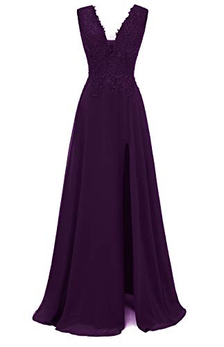 Yexinbridal V Neck Bridesmaid Dress Long Lace Chiffon High Slit Prom Gown Evening Dress