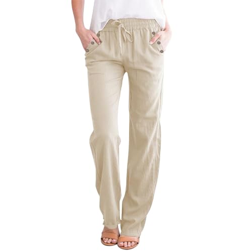 Womens Casual Linen High Waist Pants Drawstring Loose Fit Summer Pants Trousers with Side Button Pockets
