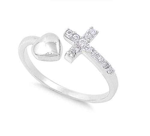 CloseoutWarehouse Cubic Zirconia Love of Jesus Cross Heart Ring Sterling Silver Size 6