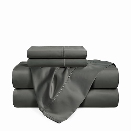 Casa Platino 100% Egyptian Cotton Sheets Twin XL Size Set - 4 Pcs (1 Flat, 1 Fitted, 2 Pillowcases)- Ultra Smooth Sateen Weave Bed Sheets Set with 15" Deep Pockets - Dark Grey