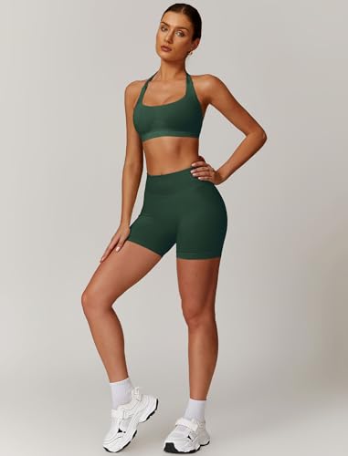 Image of ABOCIW Workout Sets for Women 2 Piece seamless Halter Sports Bra Scrunch Butt Impact Shorts Gym Yoga Outfits