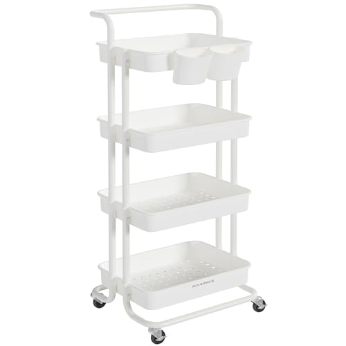SONGMICS Chariot de Rangement, 4 Niveaux, Desserte sur roulettes, Étagère, Poignée, 2 Pots, 2...