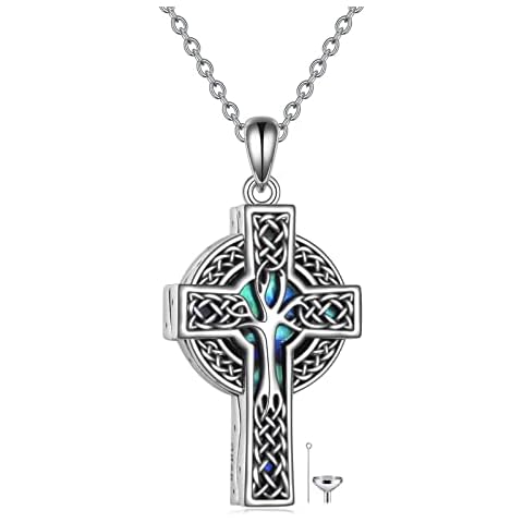 YFN Celtic Cross Urn Necklace Sterling Silver Celtic Tree of Life Ashes Pendant Abalone Shell Cross Cremation Jewellery Gifts for Women Men Cover