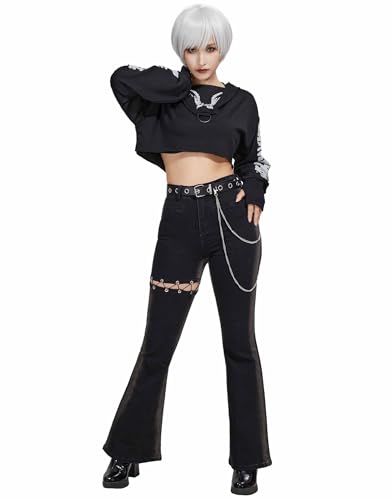 Women's Y2K Gothic Casual Bell Bottom Flared Jeans Pants with Waist Belt and Chain Accessories