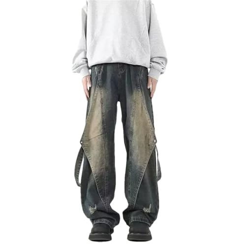 Men’S High Street Retro Washed Patchwork Straight Denim Jeans Slim Fit High Waist Button Fly Lightweight Fashion Jeans