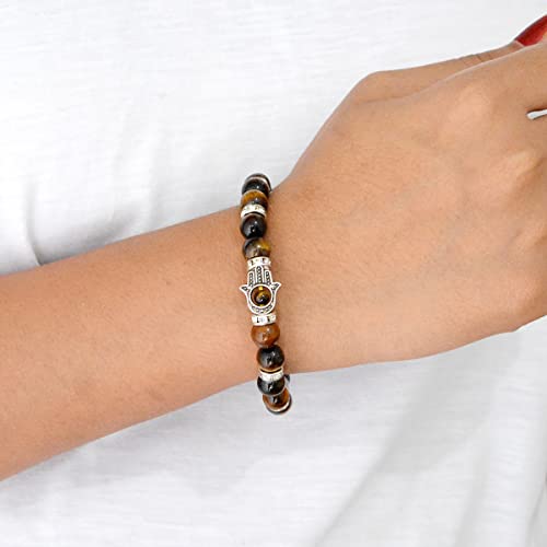 Image of Reiki Crystal Products Certified Natural Crystal Stone 7 Chakra with Hamsa 8 mm Round Beads Bracelet for Men & Women | Reiki Charged Gemstone Bracelet | Multiple Stone Variants Available