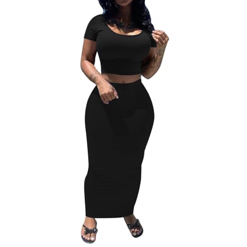 PINSV Women's Short Sleeve Crop Top and Maxi Skirt Set - Stretchy Bodycon 2 Piece Outfit For Casual Daily Wear Black XXL