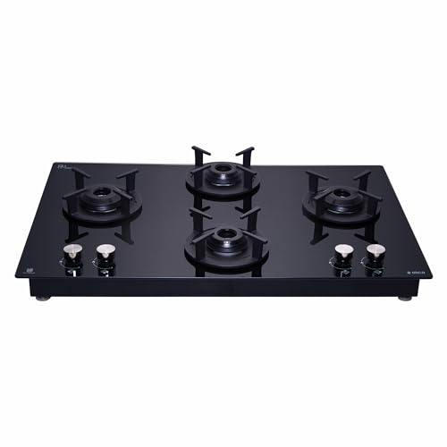 Image of Elica 70cm 4 Burner Auto Ignition Hob | RG FLEXI 470 LOTUS IND HD BRASS | SABAF Brass Burners | Built-in & Freestanding | Toughened Black Glass | 10-Year Burner & 5-Year Glass Warranty