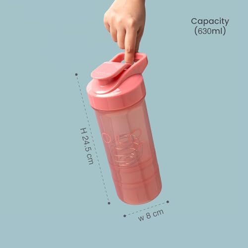 Image of Nayasa Plastic Cross Fit Gym Shaker Bottle | 630ml | BPA-Free Shaker with 2 Storage Compartments | Leakproof Gym Bottle for Protein Shakes | Sports & Fitness Shaker for Men & Women | Pink