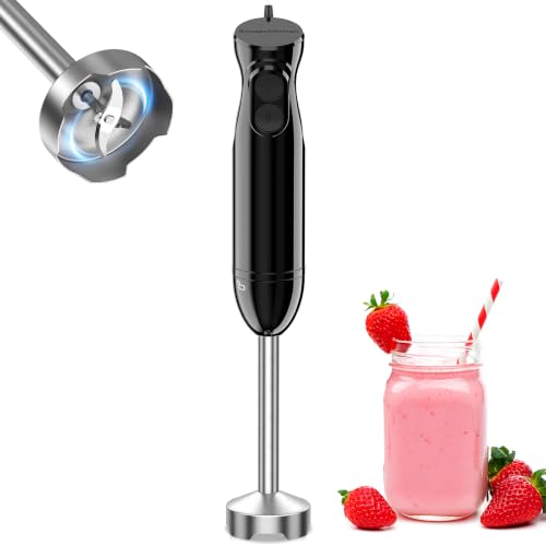 Bonsenkitchen Batidora de Mano, Acero Inoxidable de 1000 W, 2 Velocidades, 4 cuchillas, Varilla Mezcladora para Alimentos para Bebés, Sopa, Batidos, Puré, Batidora de Mano de Salsa (Negro)