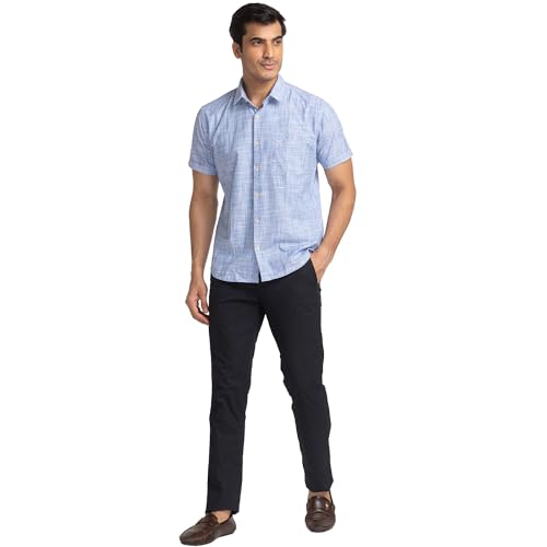 Image of Park Avenue Men's Pure Cotton Chambray Pattern Slim Fit Ainsley Collar Half Sleeve Casual Shirt