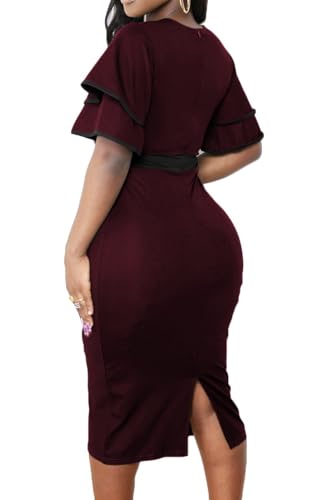 Image of Xinlees Women's Bodycon Pencil Dress Sexy Short Ruffles Sleeve Clubwear Basic Fitted Outfits Casual Midi Dresses