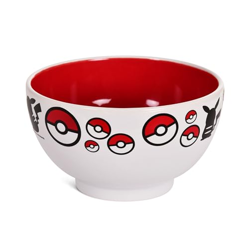 Elbenwald Pokemon Müslischale - Bowl mit Pikachu und Pokebälle Motiv - 600 ml - 8 cm Höhe - Ø 13 cm - Keramik - Weiß Rot