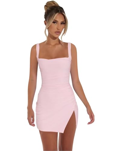 Soft Satin Homecoming Dresses 2025 Suqare Neck Backless Pleated Tight Short Prom Dress with Slit2