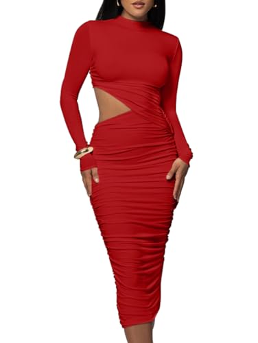 LAGSHIAN Women Sexy Long Sleeve Mock Neck One Piece Cutout Ruched Bodycon Midi Party Dress Red