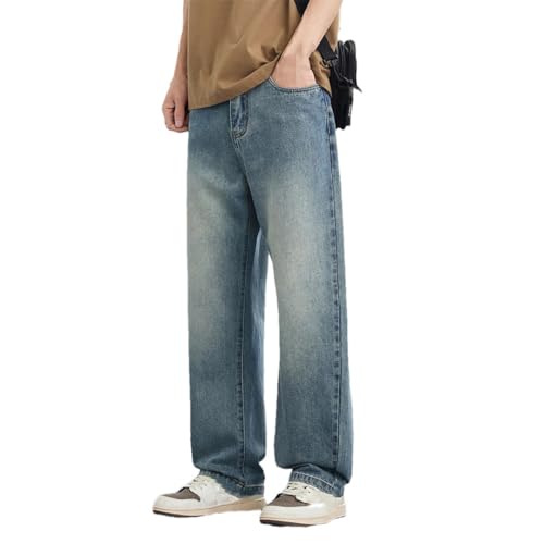 Men's Spring Summer Straight Leg Jeans Korean Style Loose Fit Thin Washed Retro Denim Trousers ﻿