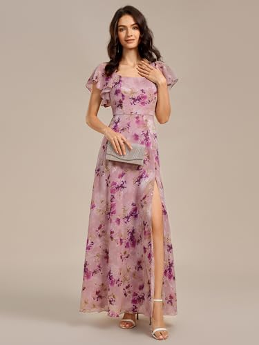 Image of Ever-Pretty Women's Square Neck Short Sleeves Split Chiffon Floor Length A-Line Maxi Formal Dress 02409