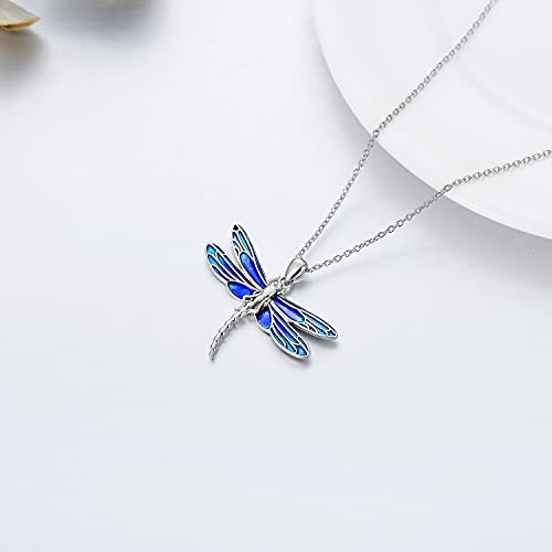 PELOVNY Christmas Gifts Blue Dragonfly Necklace for Women S925 Sterling Silver Dragonfly Pendant for Dragonfly Gifts for Lover Chain 18’’+2’’3