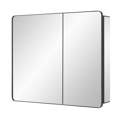 Image of IDYLLOR Black Bathroom Mirror Medicine Cabinet with Round Corner Framed Door 30 x 25.6 inch, Recessed or Surface Mount, with Adjustable Glass Shelves