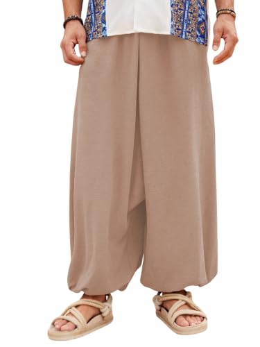 Image of Leriya Fashion Men's Boho Hippie Harem Pants | Black Printed Wide-Leg Trousers | Koren Streetwear Loose Baggy Fit Summer Lounge Yoga Lowers | Men's Solid Cowl Dhoti Pants | Relaxed Fit Draped Harem