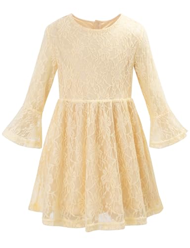 Noomelfish Toddler Bell Sleeve Lace Dress Long Sleeve Party Formal Wedding Flower Girl Dress (3-10 Years), Beige, 9-10 Years
