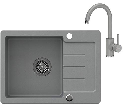 VBChome Spülbecken Grau Granit 60 x 44 cm Einzelbecken Einbauspüle gesprenkelt reversibel Verbundspüle + Siphon Waschbecken Armatur