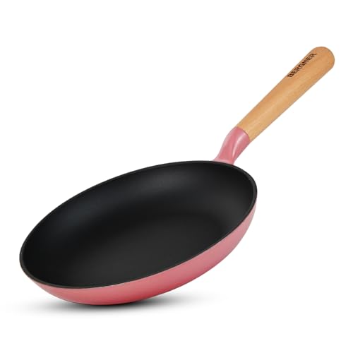 Image of BERGNER Excalibur Lightweight Cast Iron Frypan 20cm, Sturdy Wooden Handle, Non-Stick Coating, PFAS Free, Perfect Heat Distribution, Elegant Design - Induction and Gas Stove Ready (Pink)
