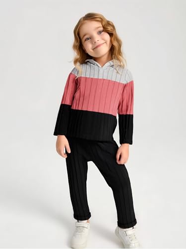 Image of Toddler Kid Girls Clothes Ribbed Color Block Long Sleeve Hoodie Sweatsuit Set Fall Outfits