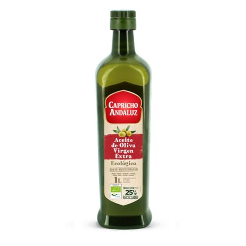 CAPRICHO ANDALUZ Aceite de Oliva Virgen Extra Ecológico PET de 1L– Tamaño Práctico, Ideal para Cocinar, Aliñar o Aderezar tus Ensaladas y Comidas.