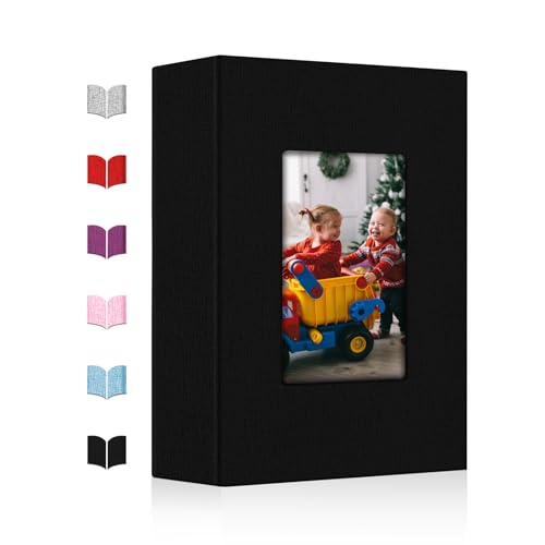 Small Photo Album 4x6,Linen Cover Slide-in Mini Photo Album Book Can Holds 100 4x6 Photos with 50 Black Sheets for Baby Family Pictures Artwork or Postcards Storage (Black)