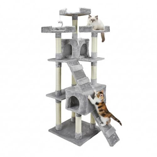 AQPET Tiragraffi XXL 170cm per Gatti con Cuccia, Albero Gioco Multifunzionale e Parco Giochi Completo, Colore Grigio