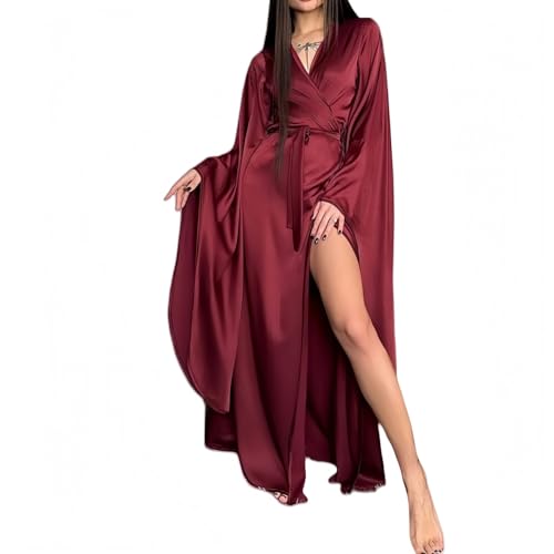 ThiCc Langes Satinkleid für Damen - Kimono Lang Seide Kimono mit Gürtel - Elegante leichte Nachtwäsche für Braut, Brautjungfer, Hochzeit, Salon,...