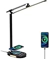 Lightess LED Desk Lamp with Cordless Charger, USB Charging Port, Touch Control, Dimmable Office Desk Light with 5 Color Modes & 5 Brightness Level, Auto Timer, Eye-Caring Desk Lamp for Study, Black