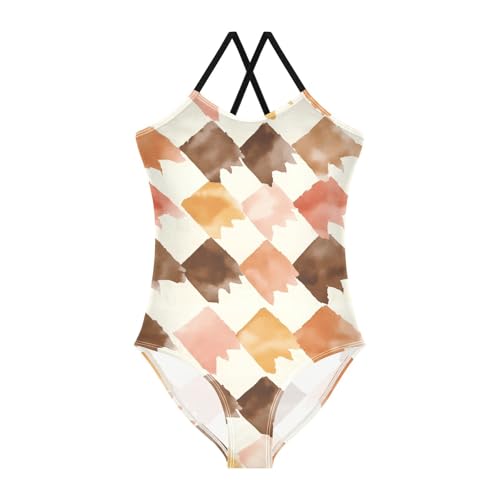 KLL Brown Houndstooth Toddler Girl 1 Piece Swimsuit Beach Swimming Suits Adjustable Strap Cute