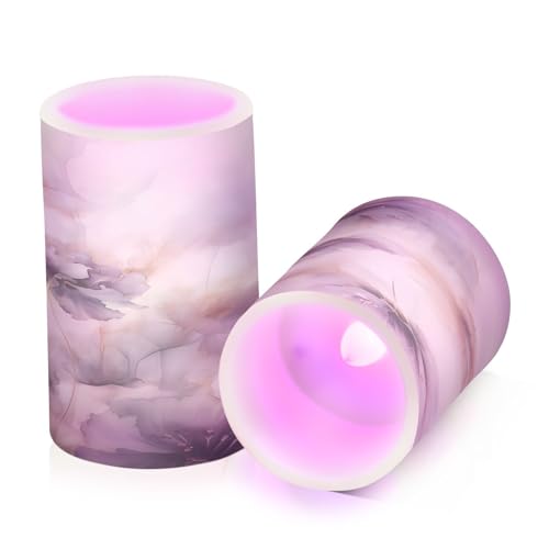 Image of ALAZA Purple Flowers Flickering Flameless Candles Battery Operated with Remote Timer,Tea Light Candles LED Pillar Votive Candles Set of 2 for Outdoor Indoor Decorations