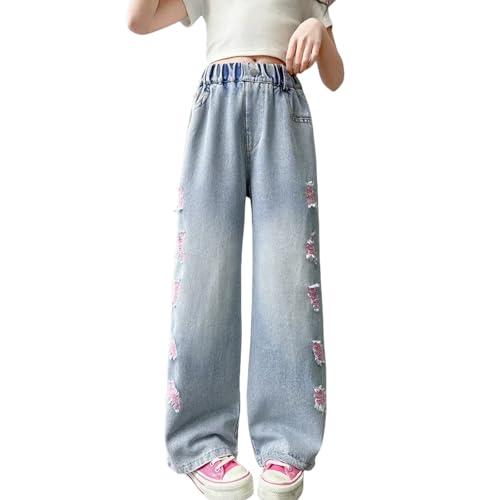 NABER Kids Girls Elastic Waist Cool Ripped Jeans Washed Denim Wide Leg Ripped Denim Jean Age 5-15 Years