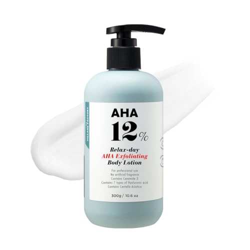 VILLAGE 11 FACTORY lozione per il corpo con acido glicolico AHA 12% (300 g), peeling e ringiovanimento, rimozione delicata delle cellule morte, senza profumo, senza parabeni (AHA Body Lotion)
