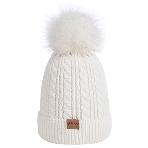 Alepo Bonnet Pompon Fourrure Enfant Chaud, Bonnet Enfant Fille Hiver Cachemire, Bonnet Enfant Garcon Tricoter Doublure en Polaire Beanie De Ski en Maille Épaisse(Blanc) Cover
