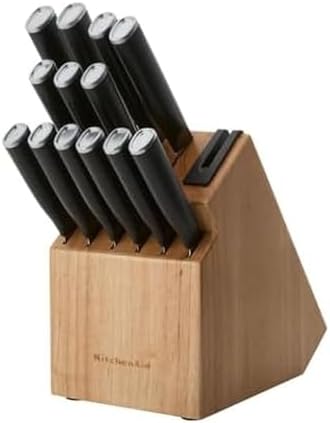 KitchenAid Classic Step Knife Block Set with Built-In Knife Sharpener, High Carbon Stainless Steel Kitchen Knives, Sharp Kitchen Knife Set with Block, 14-Piece, Natural