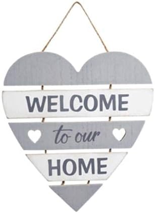Transomnia  Welcome To Our Home - Grey and White Slatted Hanging Sign Plaque - Family Motto Quote Gift Idea